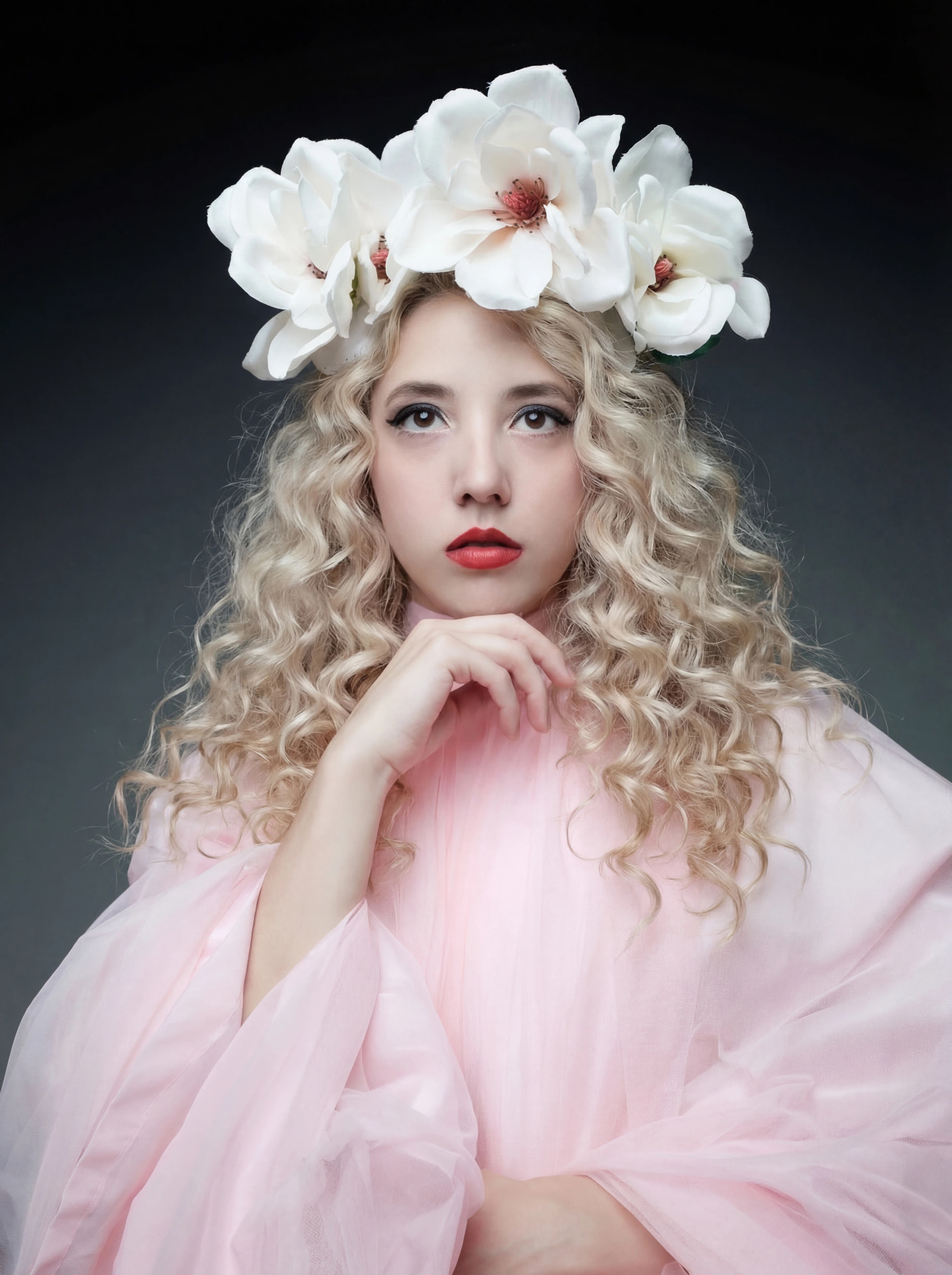 Portrait with magnolia crown and pink tulle by Dan Almasy